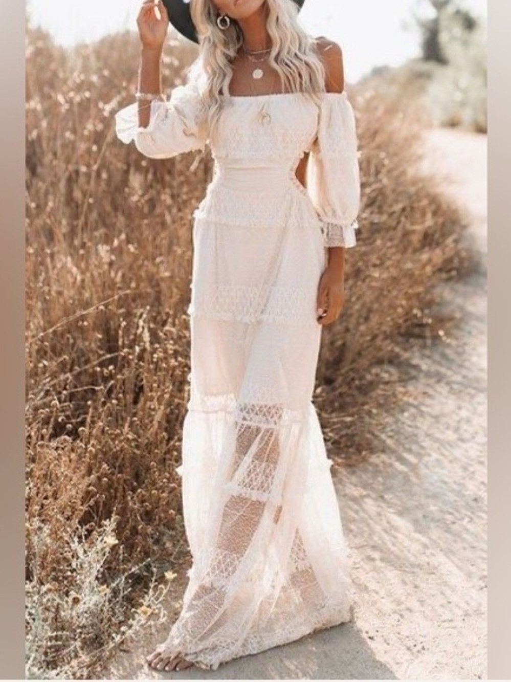 New Skylar Rose Porsha Off The Shoulder Boho Lace Maxi Dress Size Large - Picture 1 of 12